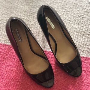 Black Patent Open Toe Peep Toe Pumps